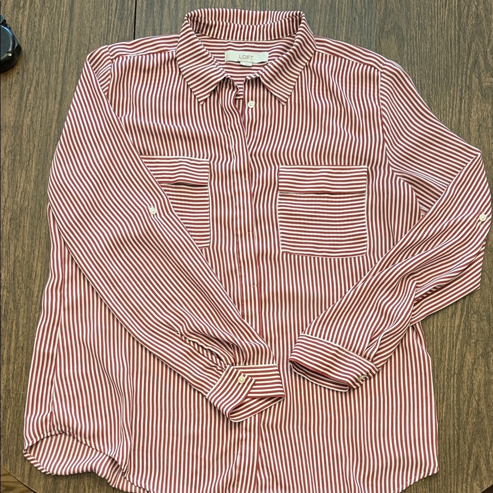 LOFT Crimson and White Striped Collared Shirt